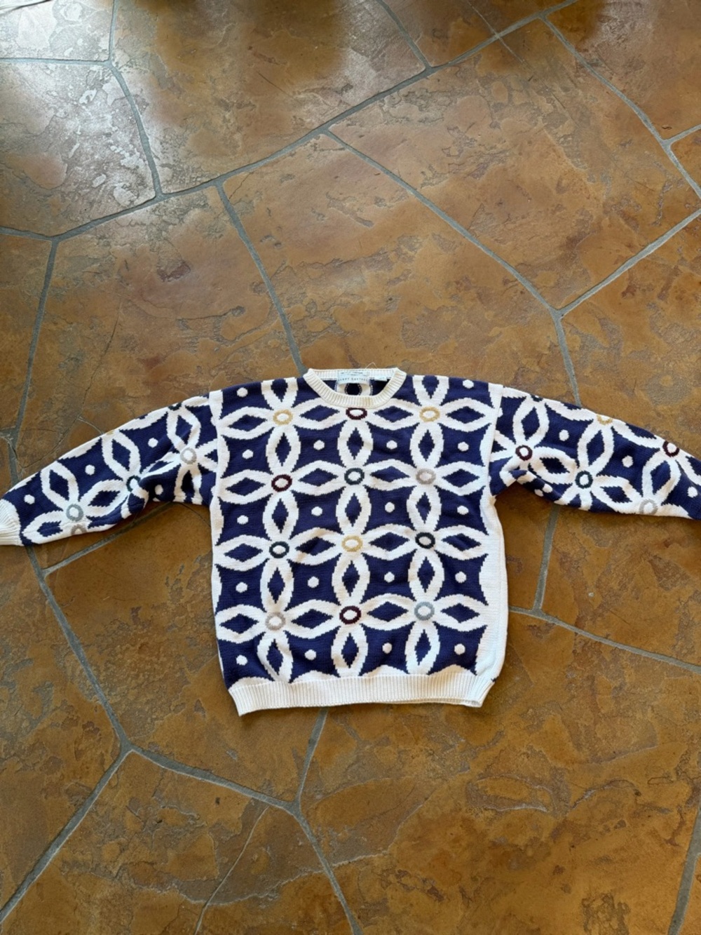 Vintage Henry Grethel Women's Navy and White Geometric Knit 100% cotton Sweater